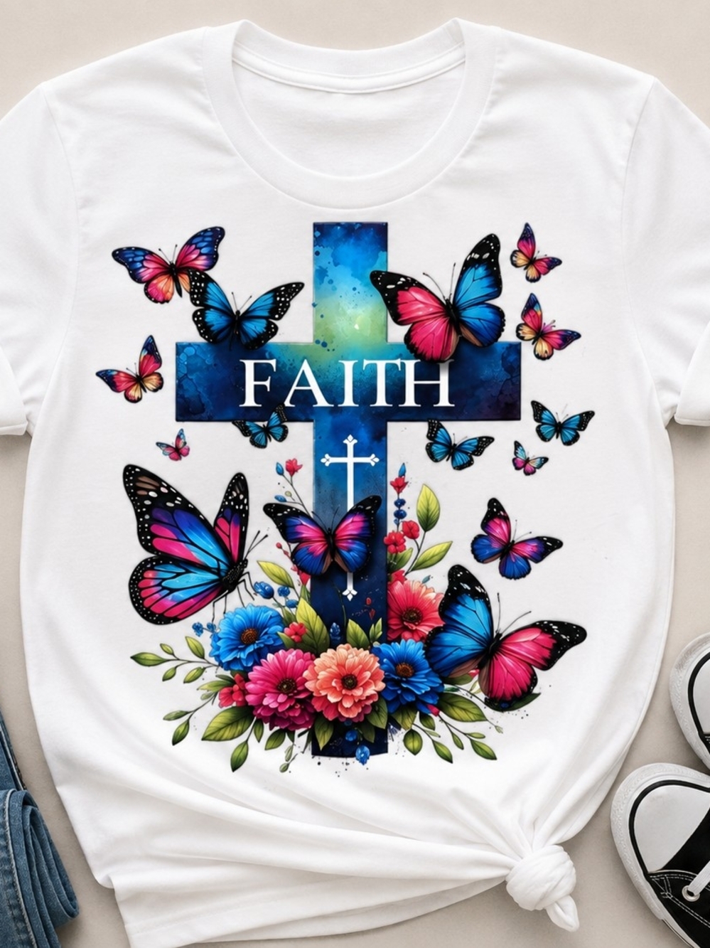 Adult 'Faith' Butterfly Cross Tee - White